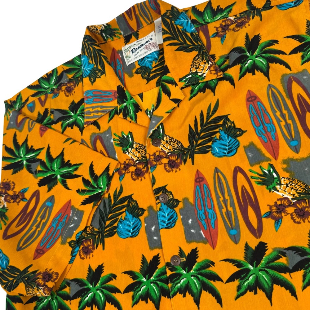VTG Reservoir Hawaiian Shirt Men L Goldenrod‎ Yellow Pineapple Surfboard Island